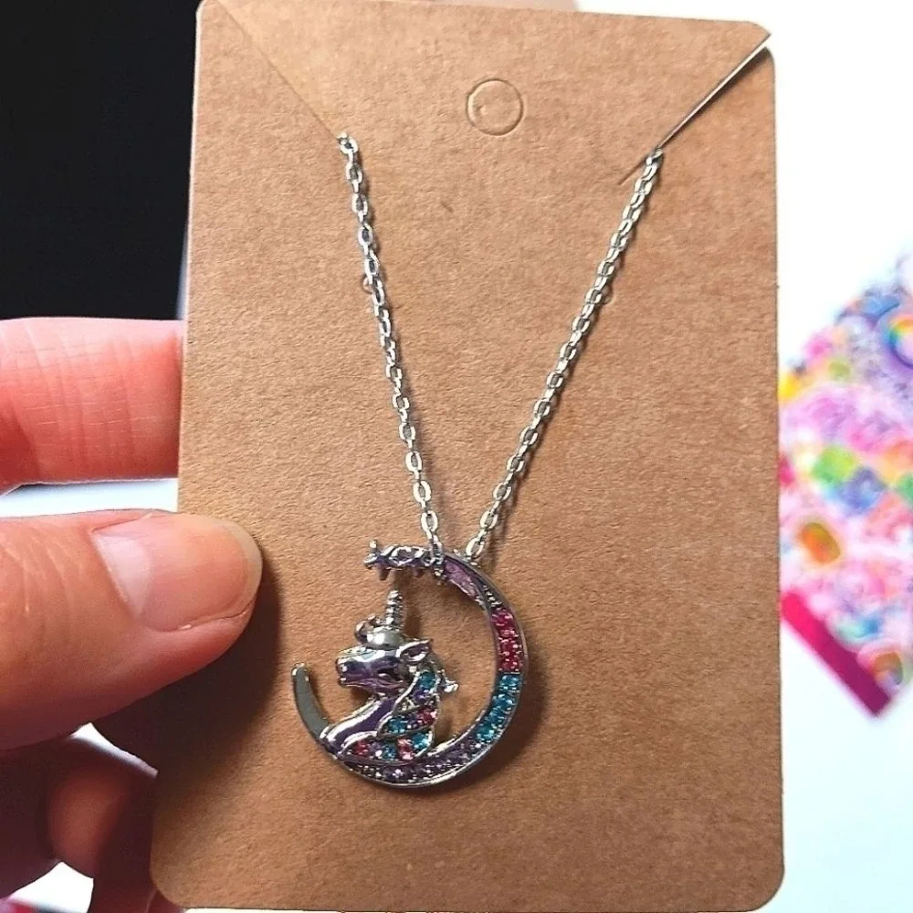 Silver Gold Plated Unicorn Pendant‎ Necklace Moon Stars Rainbow Rhinestones